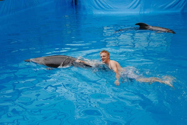 happy man swim with dolphin in dolphinarium