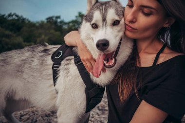 Gün batımında dağlarda bir köpek (gri ve beyaz husky) ile güzel kız çalış