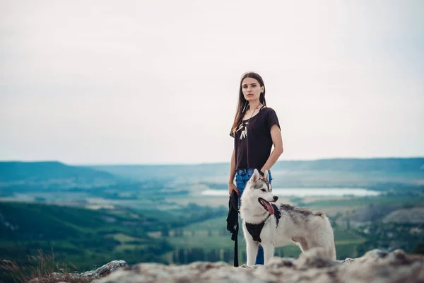 Schönes Mädchen Spielt Mit Einem Hund Graue Und Weiße Huskys — Stockfoto