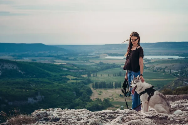 Gün batımında dağlarda bir köpek (gri ve beyaz husky) ile güzel kız çalış