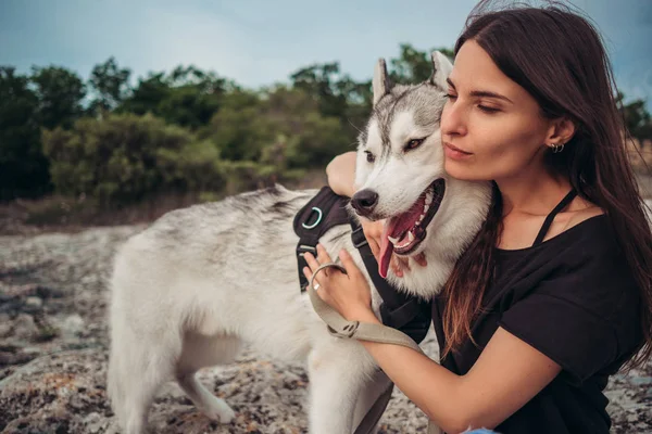 Schönes Mädchen Spielt Mit Einem Hund Graue Und Weiße Huskys — Stockfoto