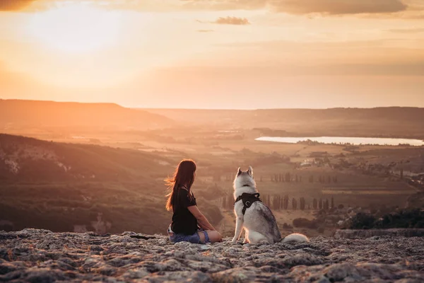 Gün batımında dağlarda bir köpek (gri ve beyaz husky) ile güzel kız çalış