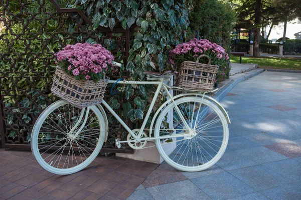 Flower Bicycle Basket Pastel Tone Fall City — Stock Photo, Image