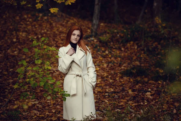Portret Dziewczyny Piękne Marzycielski Smutny Rude Włosy Biały Płaszcz Jesień — Zdjęcie stockowe