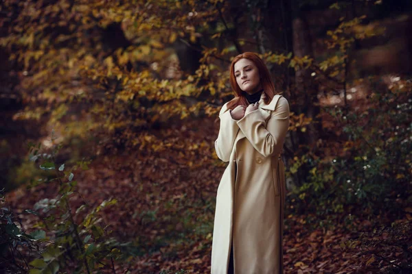 Beyaz Önlük Sonbaharda Kırmızı Saçlı Güzel Romantik Hüzünlü Kız Portresi — Stok fotoğraf