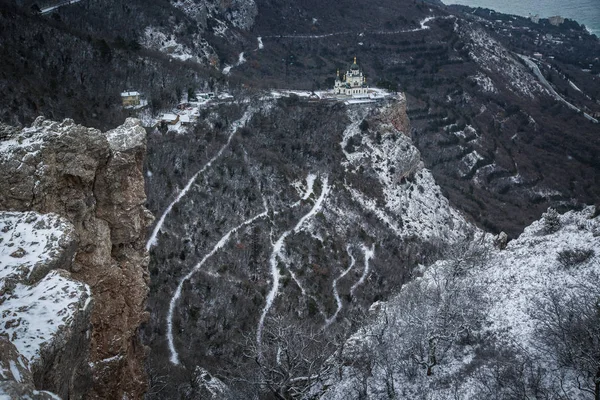 Winter Crimean mountains, Church in the mountains over Foros. Church of the Resurrection