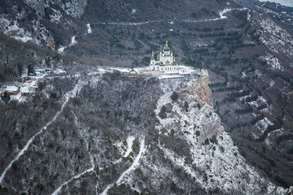 Winter Crimean mountains, Church in the mountains over Foros. Church of the Resurrection