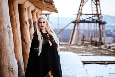 Bir viking sarı saçları ile tutan güzel genç kadın. Tarihsel şahsiyet görüntüsünü