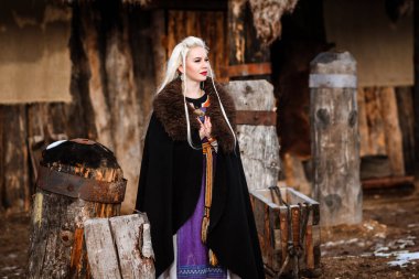 Bir viking sarı saçları ile tutan güzel genç kadın. Tarihsel şahsiyet görüntüsünü