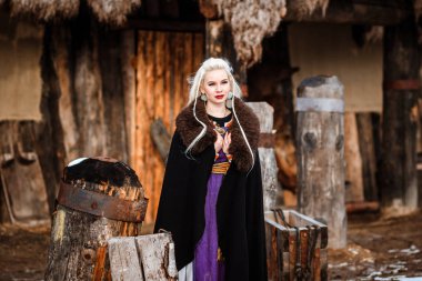 Bir viking sarı saçları ile tutan güzel genç kadın. Tarihsel şahsiyet görüntüsünü