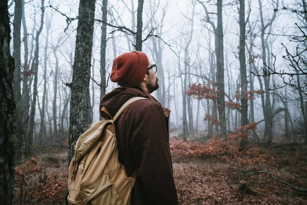 Mann läuft auf dunklem Pfad durch gruseligen Wald — Stockfoto