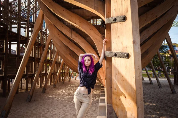 Bella giovane ragazza pelosa viola che cammina al tramonto in un parco cittadino. San Pietroburgo, Nuova Olanda — Foto Stock