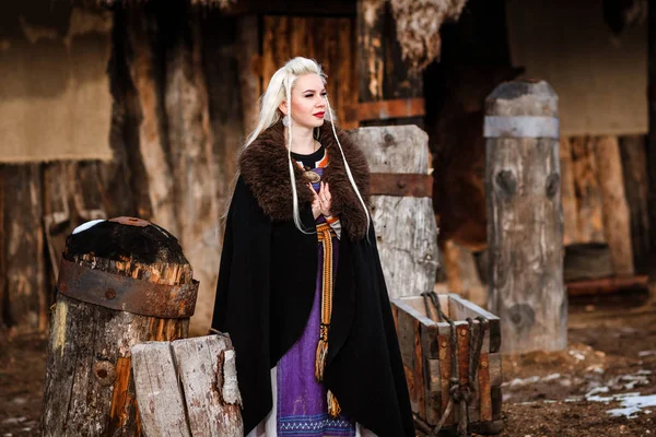 Bir viking sarı saçları ile tutan güzel genç kadın. Tarihsel şahsiyet görüntüsünü