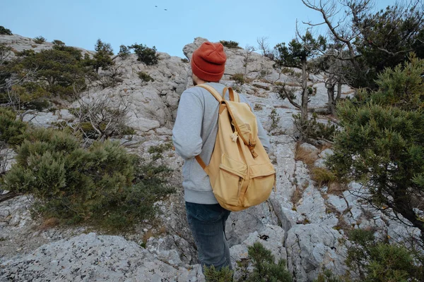 Sırt çantalı bir adam dağda yürüyüş yapıyor.