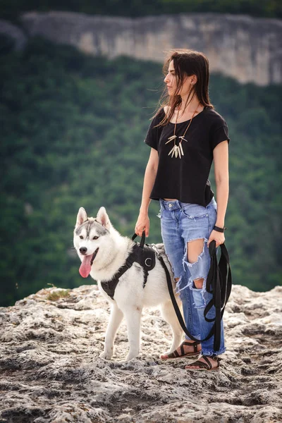 Vacker flicka leker med en hund, grått och vitt husky, i bergen i solnedgången. — Stockfoto