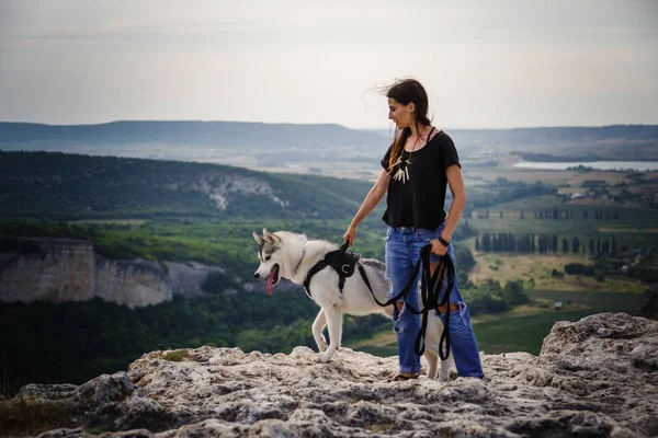 Vacker flicka leker med en hund, grått och vitt husky, i bergen i solnedgången. — Stockfoto