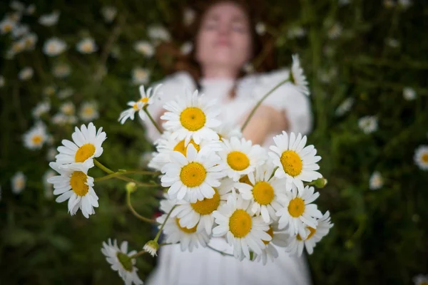 A bouquet of daisies in the hands of a girl. — Stock Photo, Image