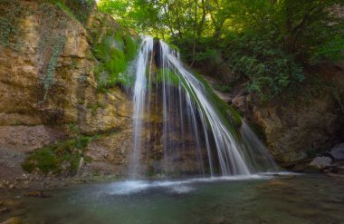 Dağ nehri ve orman manzarası. Yeşil ormanın ortasındaki sakin şelale manzarası