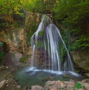 Dağ nehri ve orman manzarası. Yeşil ormanın ortasındaki sakin şelale manzarası