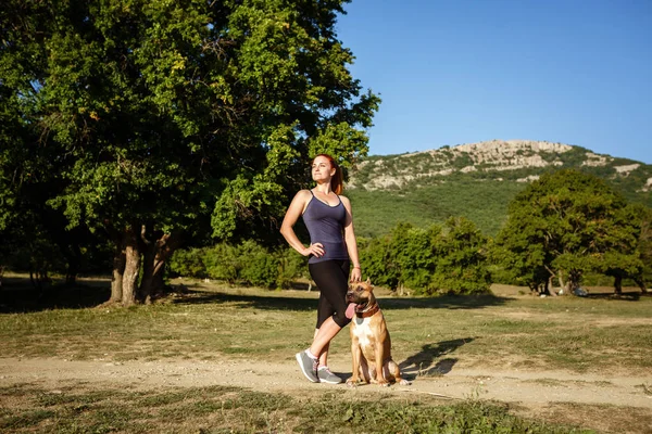 Redhair jouful ung flicka smekande hennes hund i parken — Stockfoto