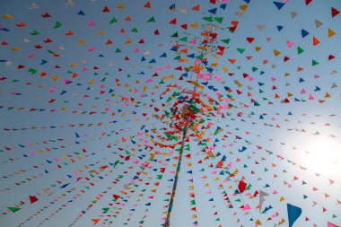 Tay kutlama festivalinde çok renkli üçgen dua bayrakları