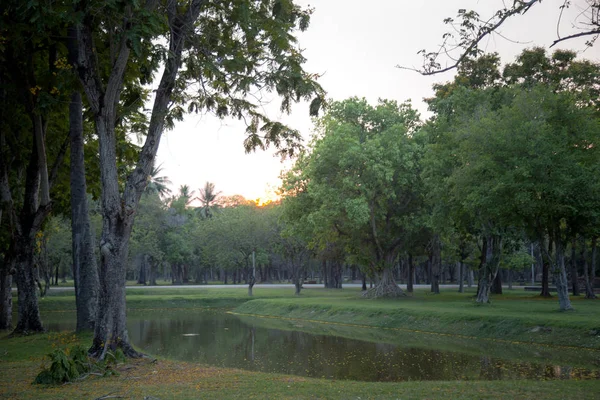 Solnedgång på Wat Mahatat i Sukhothai. Ett världsarv i Thailand — Stockfoto