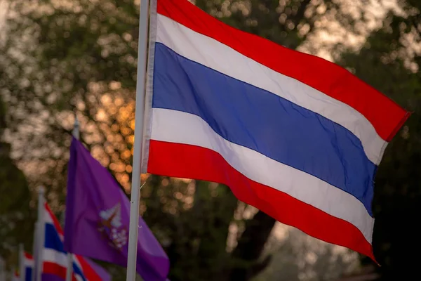 The blowing Thai flag at the sunset. — Stock Photo, Image