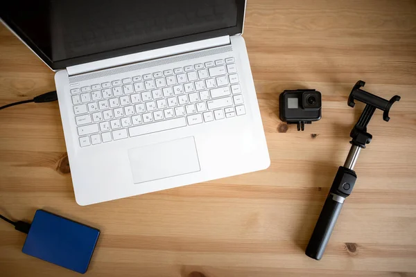 Work space on table of photographer. Minimal workspace — Stock Photo, Image