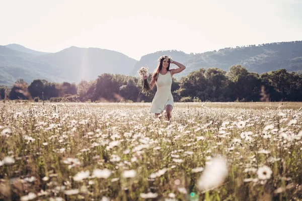Papatya alanı üzerinde gülümsüyor güzel genç kız.