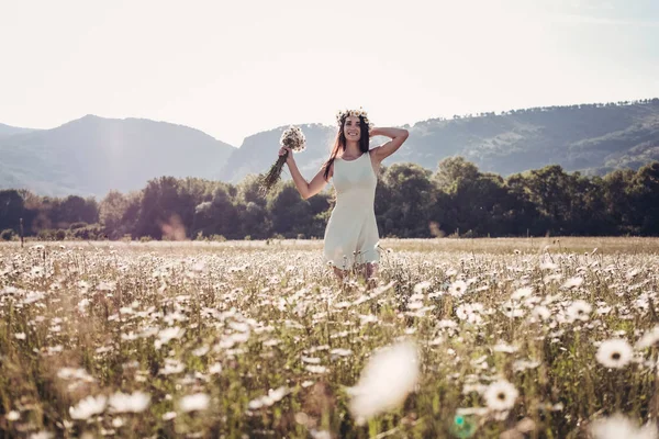 Papatya alanı üzerinde gülümsüyor güzel genç kız.