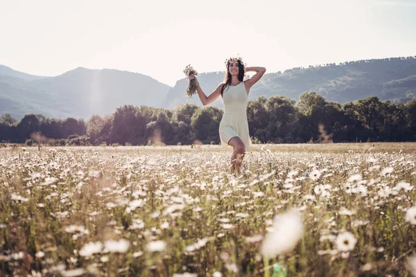 Papatya alanı üzerinde gülümsüyor güzel genç kız.