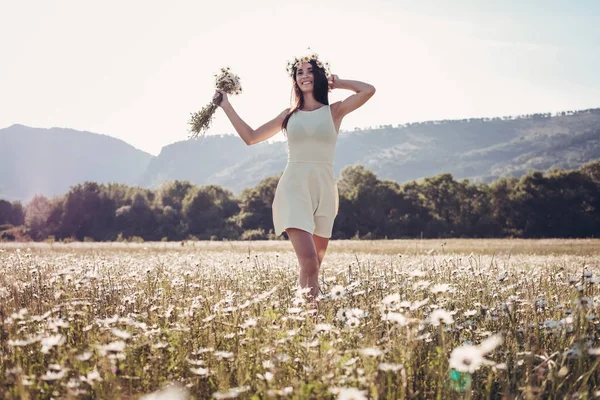 Papatya alanı üzerinde gülümsüyor güzel genç kız.