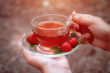 Cam bardak yabani çilek ile Meyve kırmızı çay, ormanda, parlak arka plan üzerinde.