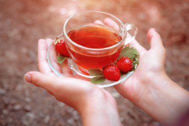 Cam bardak yabani çilek ile Meyve kırmızı çay, ormanda, parlak arka plan üzerinde.