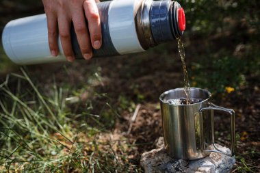 Kamp bardağında dişi bir el, doğadaki bir termostan çay doldurur. Mola, dinlenme ve seyahat fikri