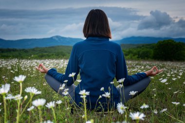 Sahada yoga yapan genç bir kadın. Gün batımından önce bir papatya tarlasında meditasyon. Koyu mavi renkler, sakin ve huzurlu. Ruhani ve duygusal bir kavram. arka plan