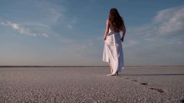 Young Redheaded Woman White Dress Walking Salt Lake Woman Walking — Stock Video