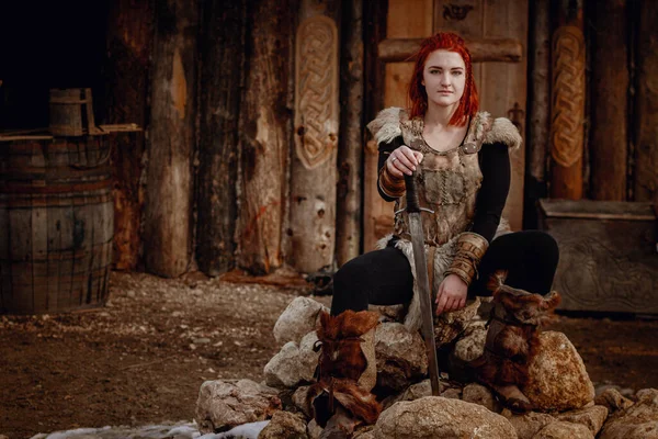 Viking Girl Red Hair Hands Sword Fight Enemy Reconstruction Medieval — Stock Photo, Image