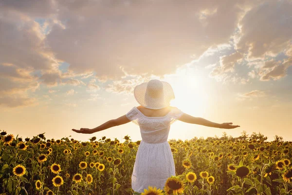 Bella Ragazza Godendo Natura Sul Campo Girasoli Sta Indietro Guarda — Foto Stock