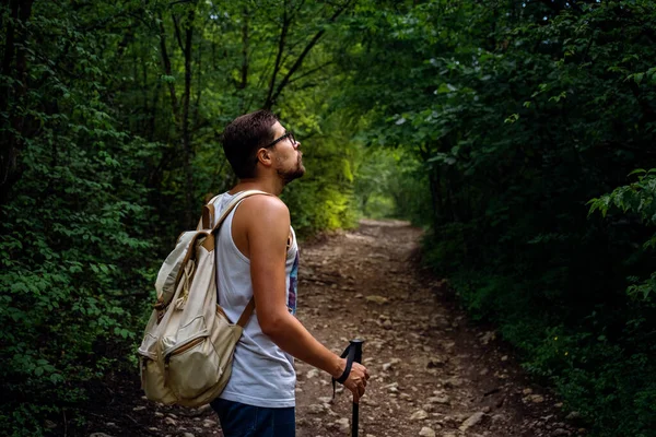 Retrato Homem Caminhante Caminhando Trilha Floresta Forte Desportivo Viajando Macho — Fotografia de Stock