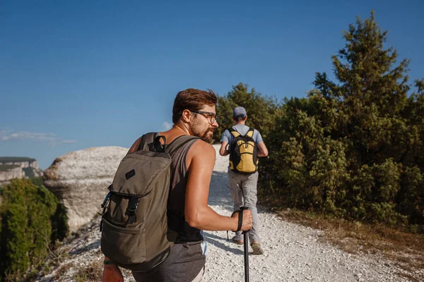 Dois Homens Andando Encosta Rochosa Carregando Mochilas Usando Paus Trekking — Fotografia de Stock