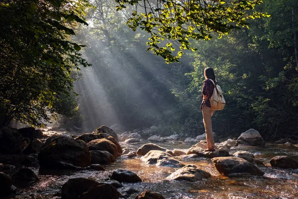 一个女人探索世界上新的 神奇的 奇妙的地方 被大自然环绕 张开双臂呼吸和放松 穿越森林小溪的女徒步旅行者 — 图库照片