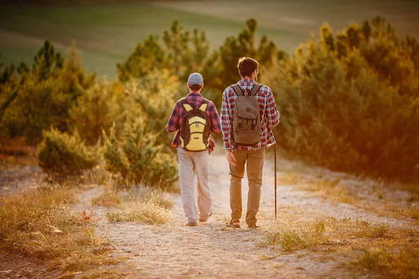 Deux Hommes Randonneurs Profiter Une Promenade Dans Nature Heure Coucher — Photo