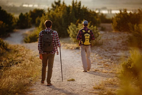 Dos Hombres Excursionistas Disfrutan Paseo Naturaleza Hora Del Atardecer Verano — Foto de Stock