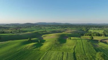 Ortaçağ Dreznik Grad yakınlarında yeşil çayırlar ve tepeler. Dreznik şehri yakınlarındaki geniş yeşil alanlar ve kırsal yolların insansız hava aracı görüntüsü. Canlı manzara, bahar büyümesi, Hırvat köylerinde tipik bir barış duygusu.