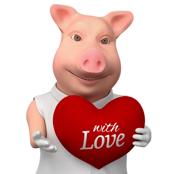 Stylized Smiling Pig Heart Gift Cartoon Cute Character Isolated White — ストック写真