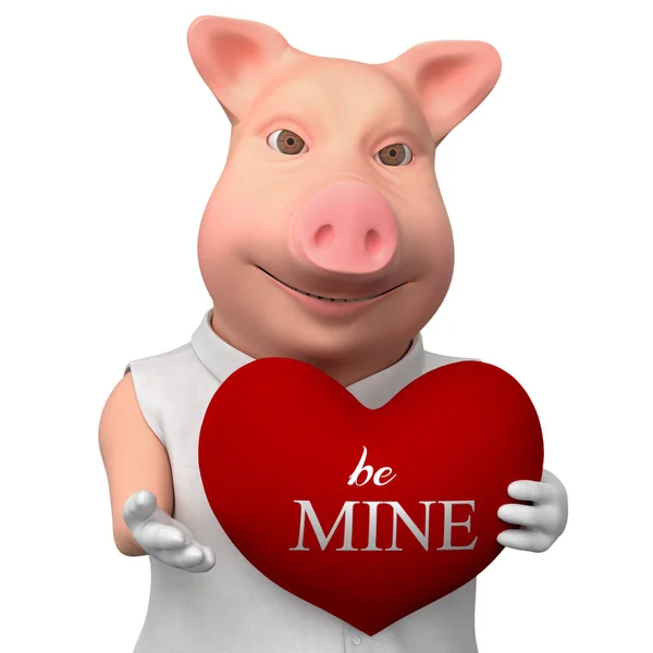Stylized Smiling Pig Heart Gift Cartoon Cute Character Isolated White — ストック写真