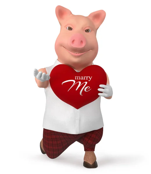 Stylized Smiling Pig Heart Gift Cartoon Cute Character Isolated White — ストック写真