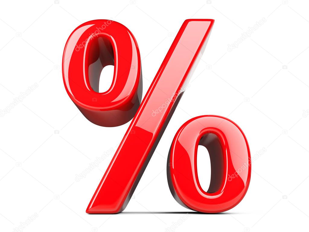 Big red percent sign. 3D illustration isolated on white background.