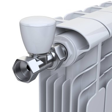 Alüminyum radyatör akışı valf ile bağlantı için regülatör ile Isıtma. Beyaz arka plan üzerinde izole. 3D çizim.
